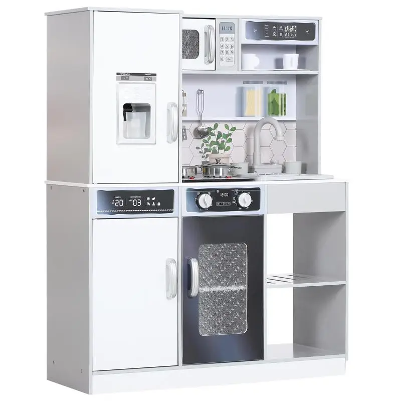 Play kitchen set with stainless steel dishes, stove, sink with water circulation, light & sound effects, white