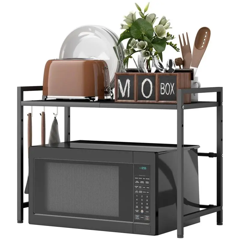 Expandable Microwave Stand with 3 Hooks, Black
