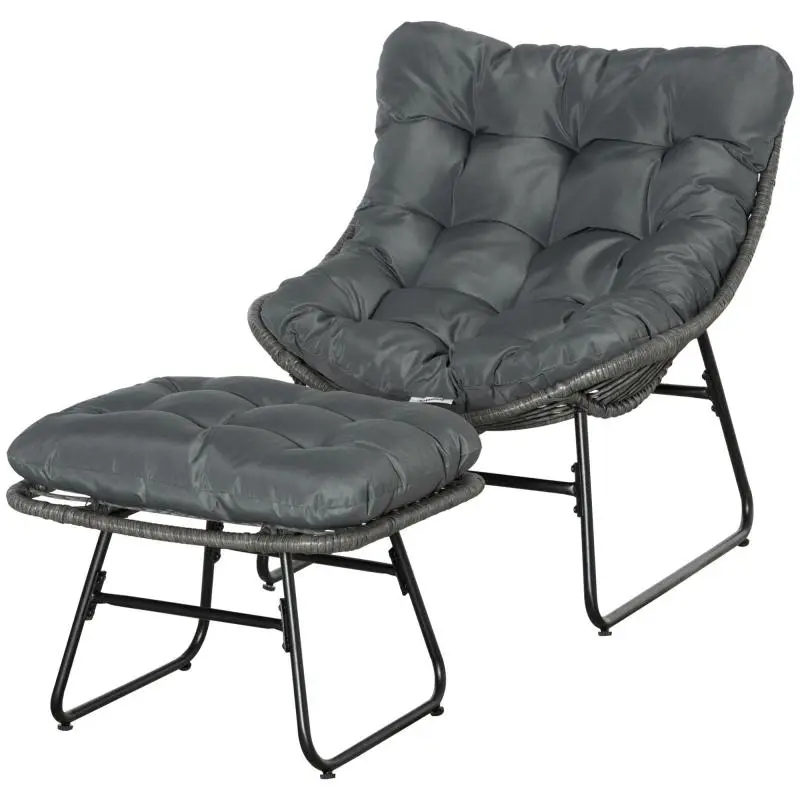 Rattan Recliner with Footstool, Grey