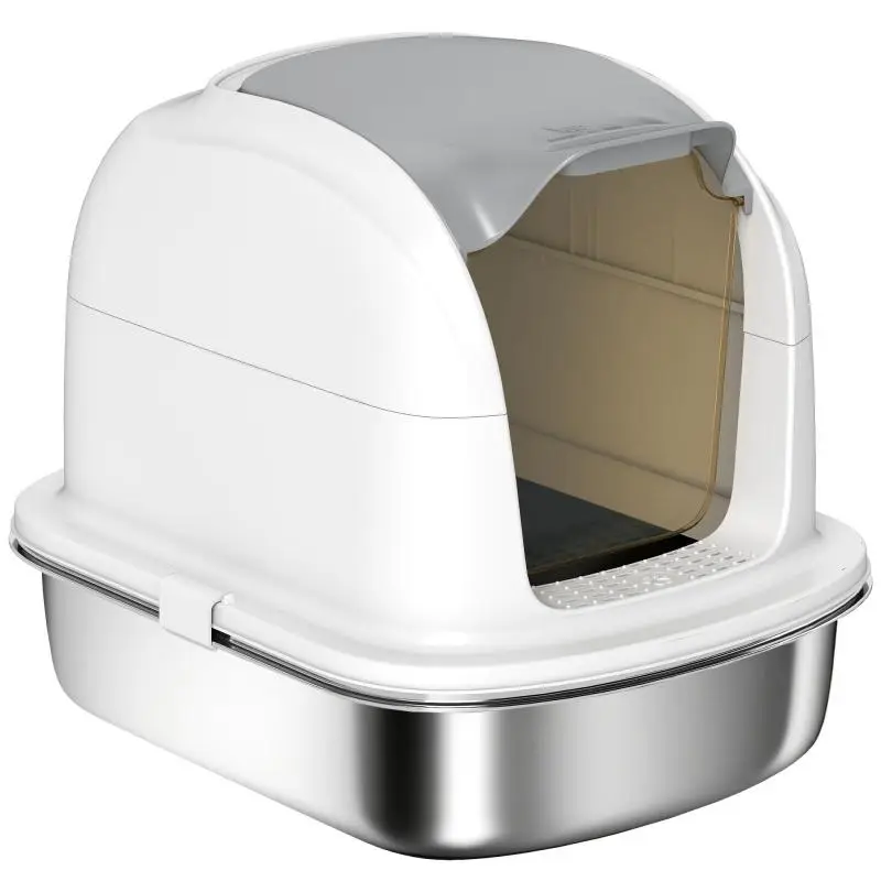 Stainless Steel Cat Litter Box with Lid, White