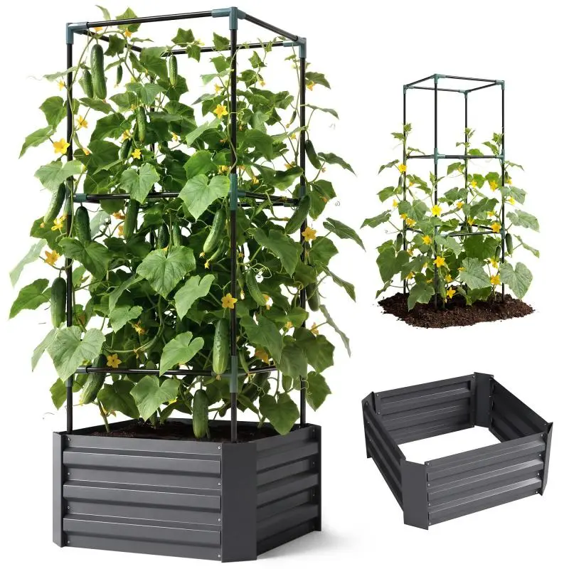 Raised Garden Bed with Trellis, 61 × 61 × 140 cm