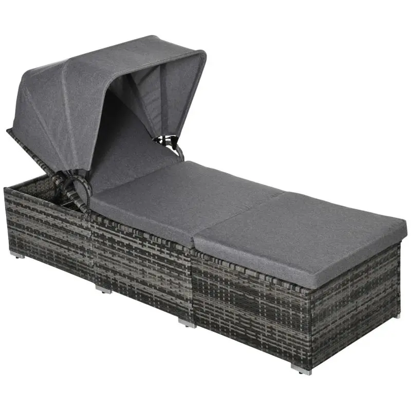 Poly-rattan sun lounger with canopy – adjustable garden lounger, rattan sunbed, garden furniture – includes cushion, grey, 195 x 65 x 40 cm