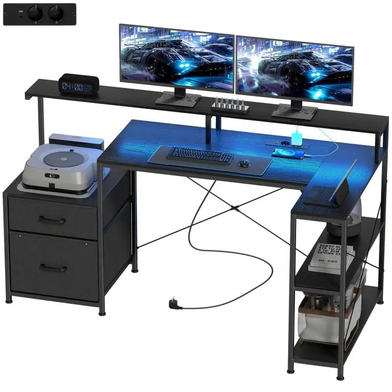 L-Shaped Gaming Desk with Dual Monitor Stand