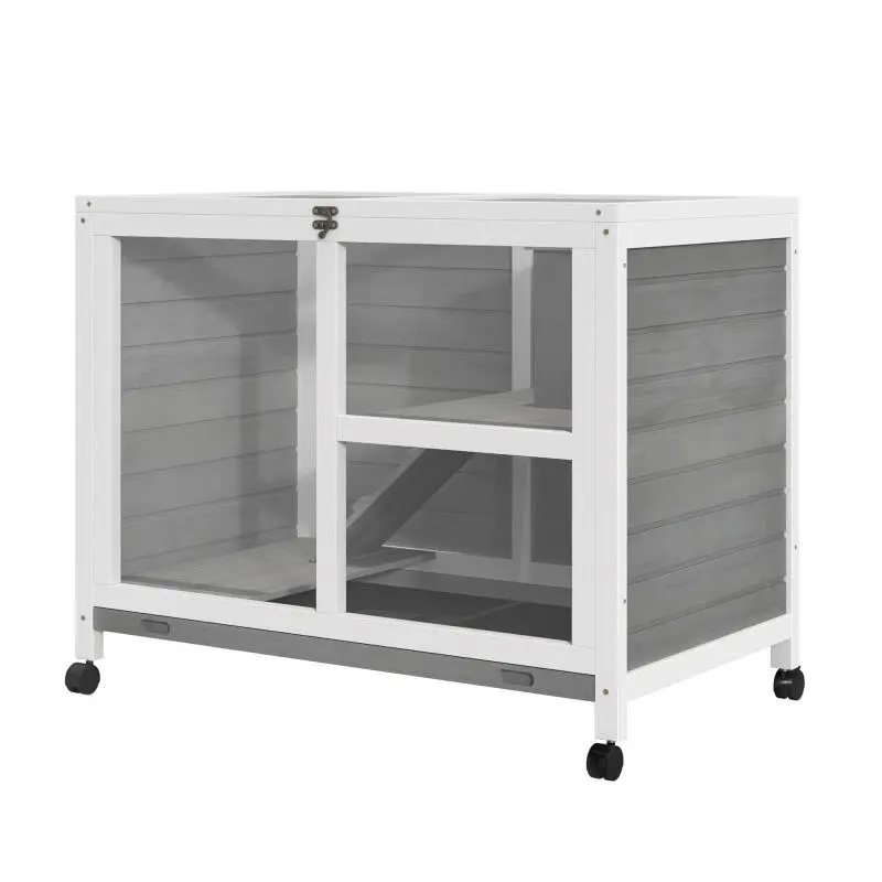 2-Tier Small Animal Hutch With Wheels, Grey