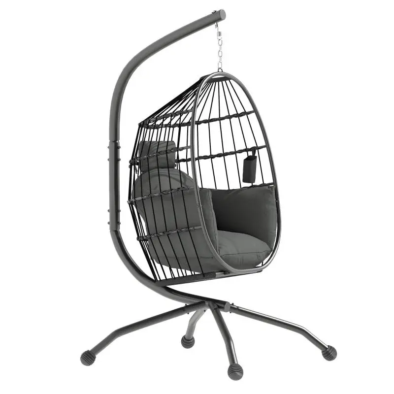Hanging outdoor rocking chair with foldable wicker seat and thick cushions, stand, headrest, cup holder, black