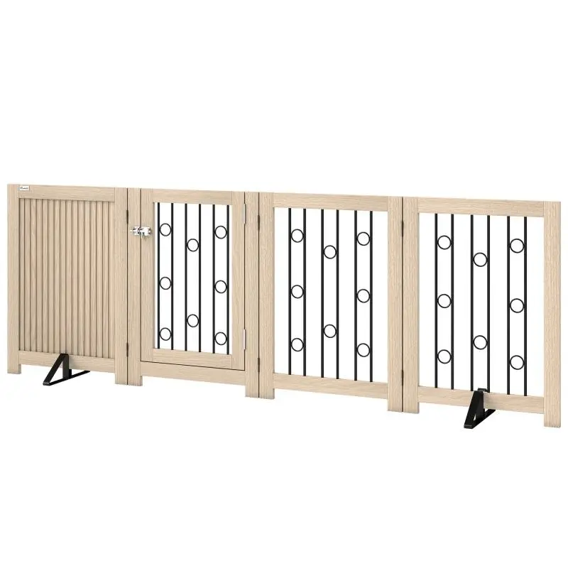 Freestanding 4-Panel Pet Gate with Door, 205 x 30.5 x 70 cm