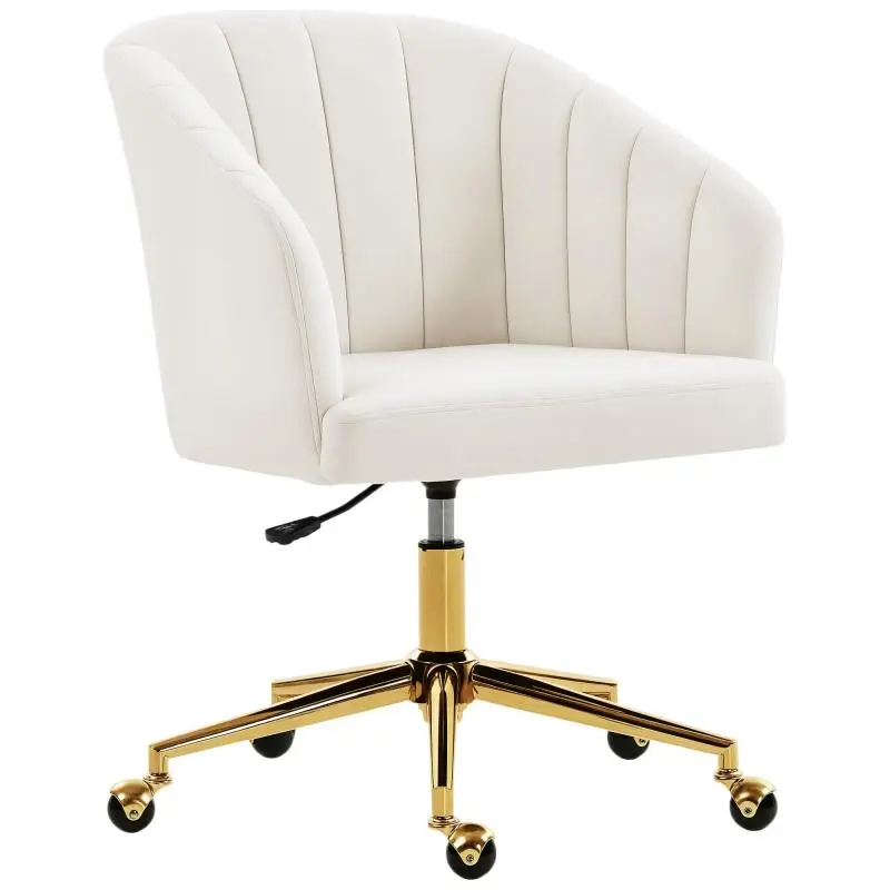 Velvet-Effect Office Chair with Casters, Cream White