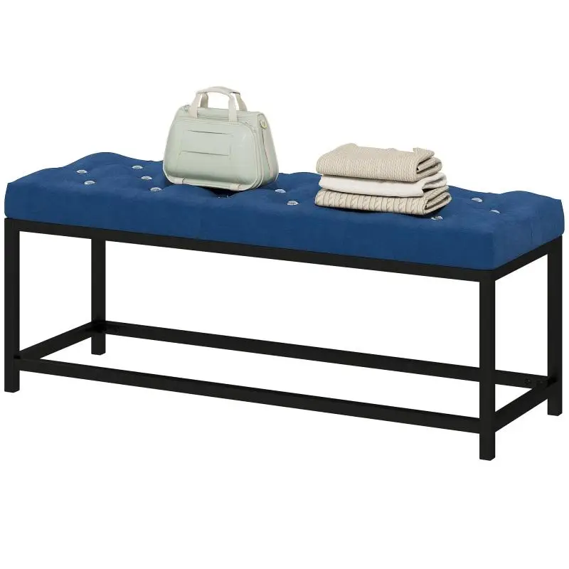 Dark Blue Velvet Bed Bench with Metal Base