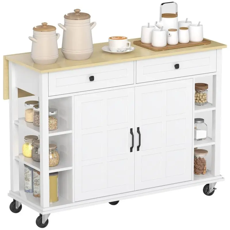 Kitchen Island on Wheels with Foldable Countertop, White