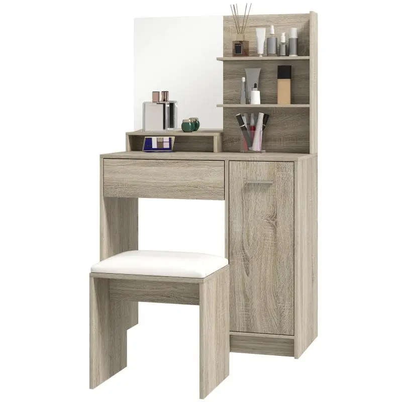 Makeup Vanity with Stool, Mirror, Open Shelves, Drawer and Adjustable Anti-Tip Shelf, Natural and Beige