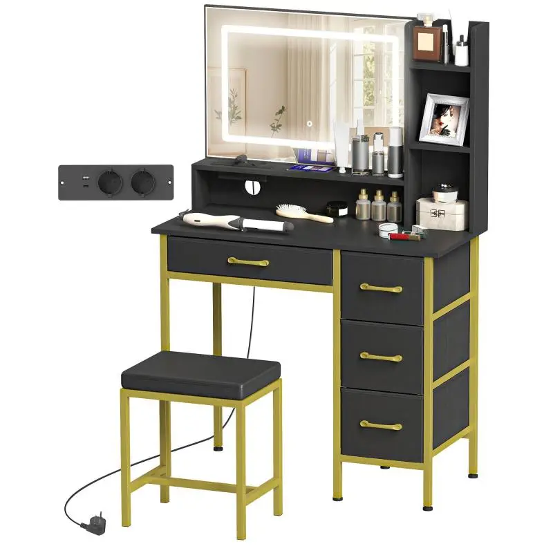Makeup Vanity with Mirror, LED Lights and Stool, Black