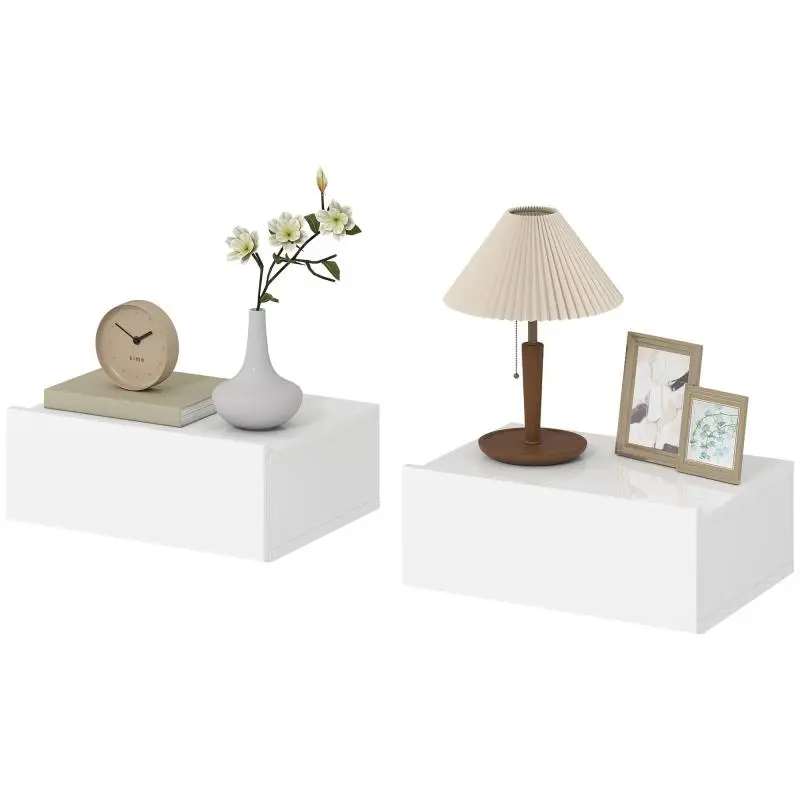 Set of 2 Wall-Mounted Bedside Tables with 1 Drawer, White