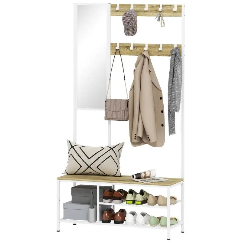 Hallway Coat and Shoe Rack with Mirror and Bench