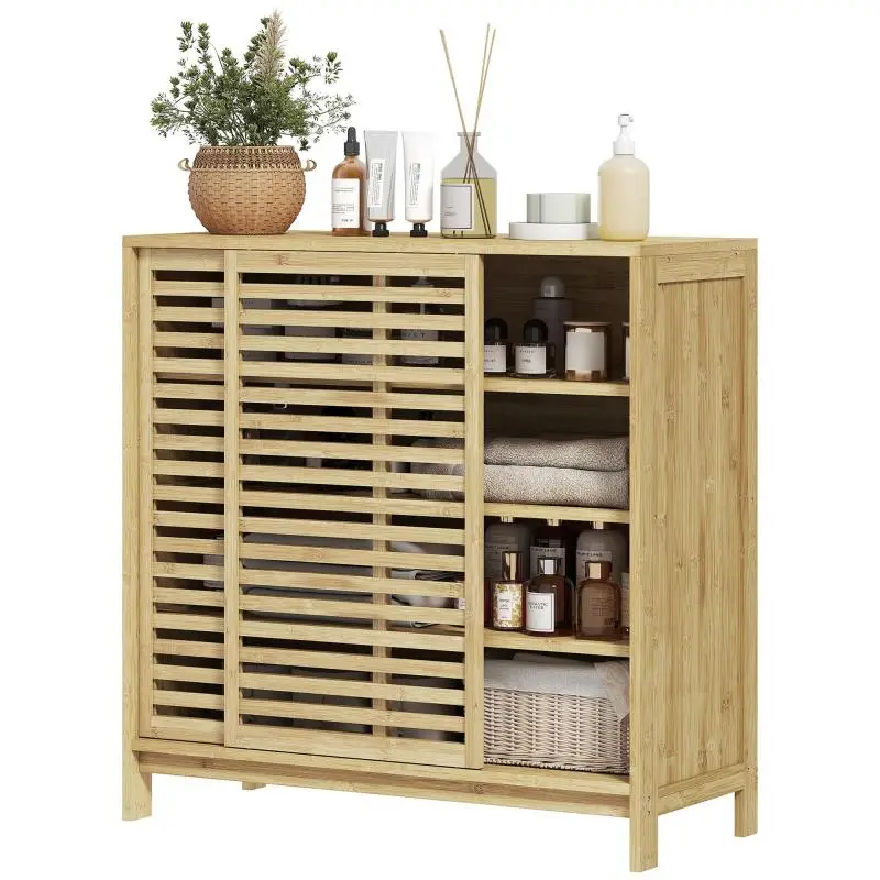 Bamboo Bathroom Cabinet with 2 Sliding Doors and 4 Shelves