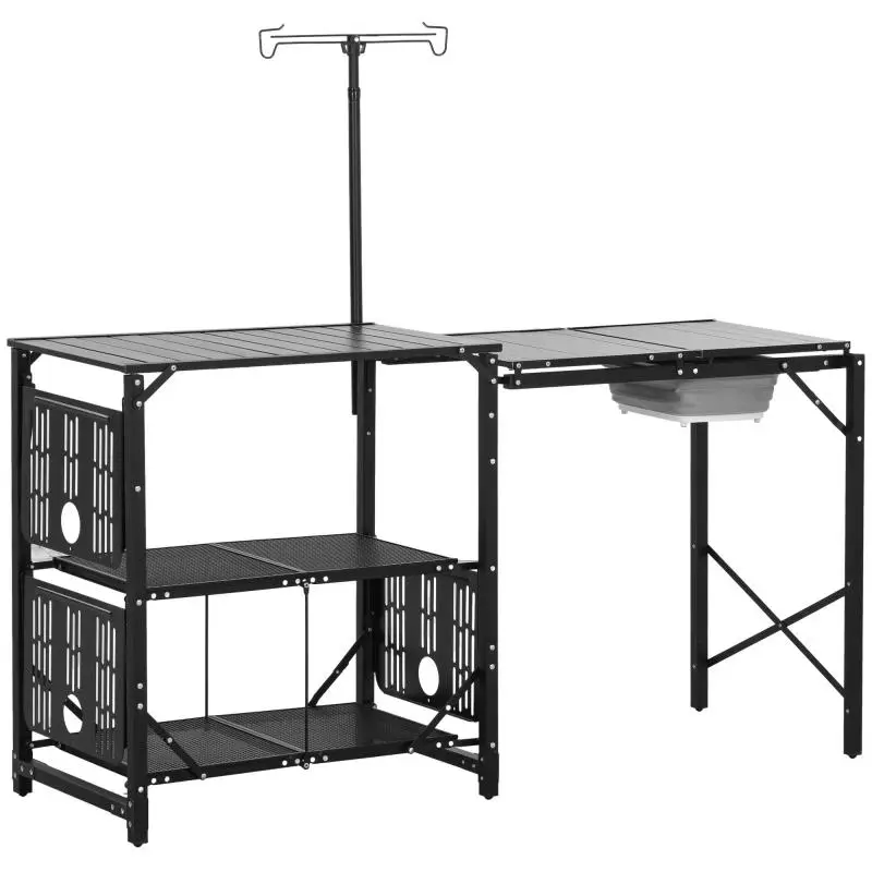 Folding Camping Table with Sink and Shelves