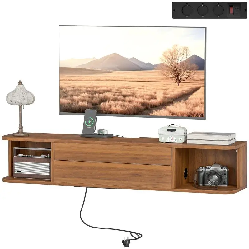 Wall-Mounted TV Stand with Drawer, 120 cm, Walnut