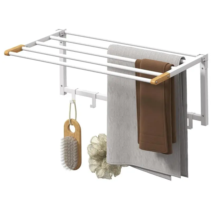 Wall-Mounted Folding Towel Rack with 5 Bars and 6 Hooks