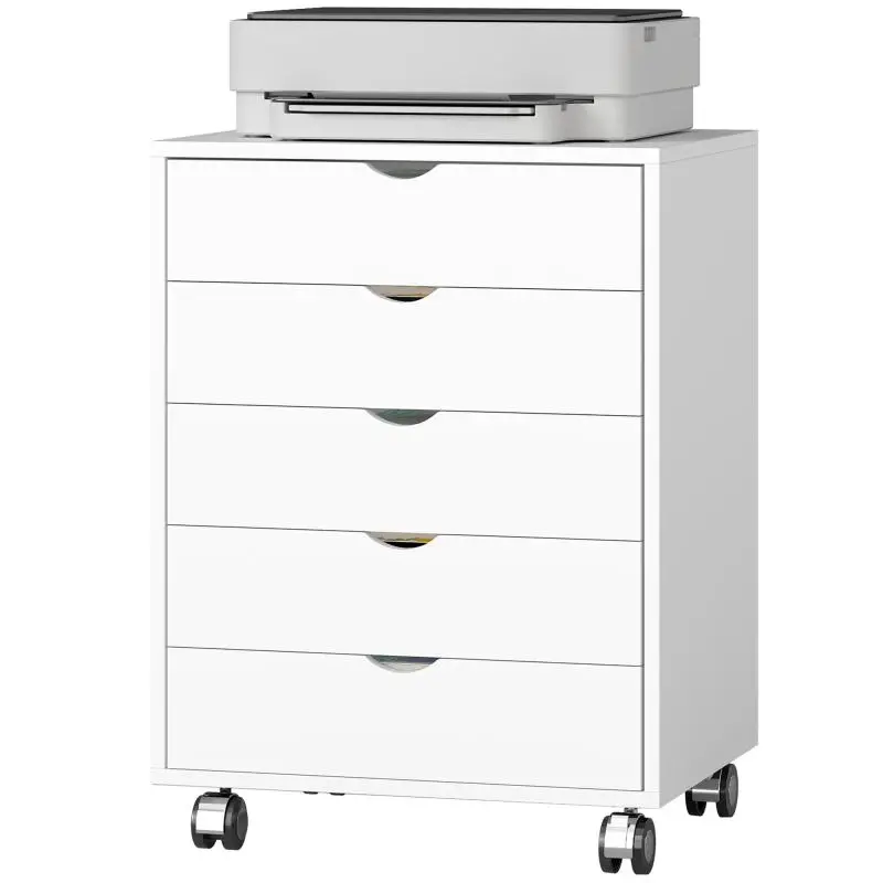 Office Drawer Unit with 5 Drawers for A3 Documents, Castors and Lock, 50x40x67.5 cm, White