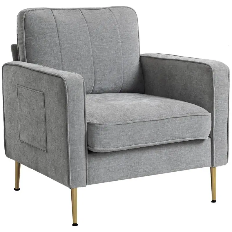 Fabric armchair with gold-tone steel legs, very comfortable, side pockets, for living room, office, bedroom, grey