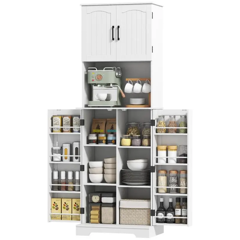 Tall Kitchen Cabinet with 4 Doors and Spice Racks