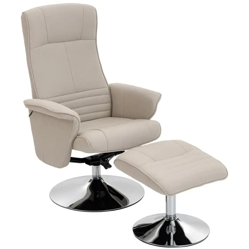 Beige Fabric Reclining Swivel Armchair with Footrest