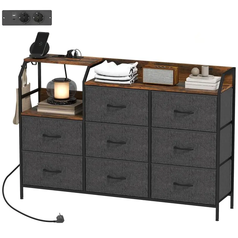 Fabric Dresser with Charging Station, 8 Drawers