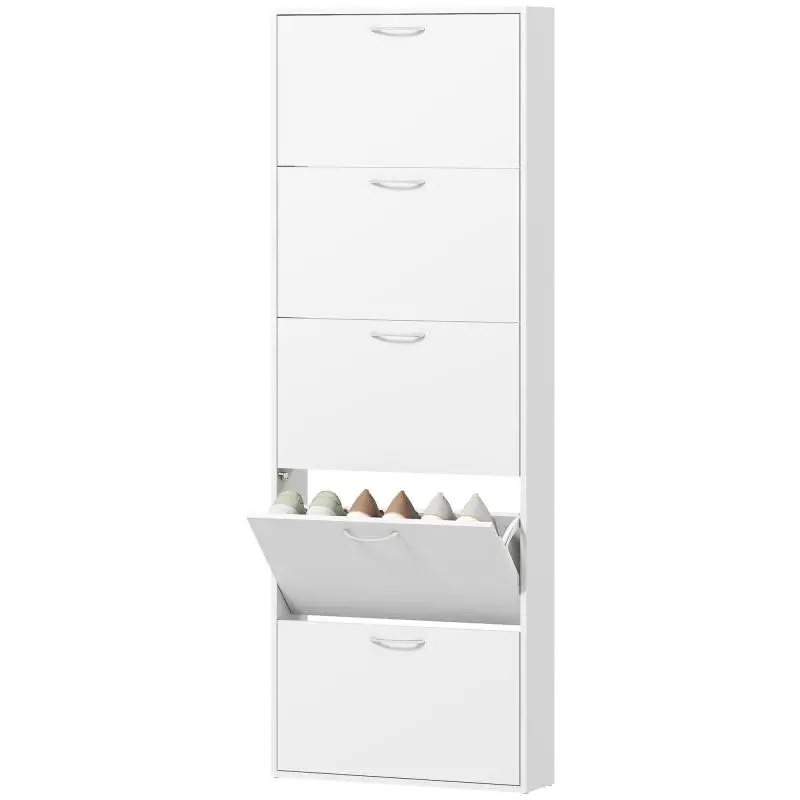 15-pair shoe cabinet, modern narrow shoe storage unit with 5 tilt-out drawers, 65 x 17 x 180.5 cm, white