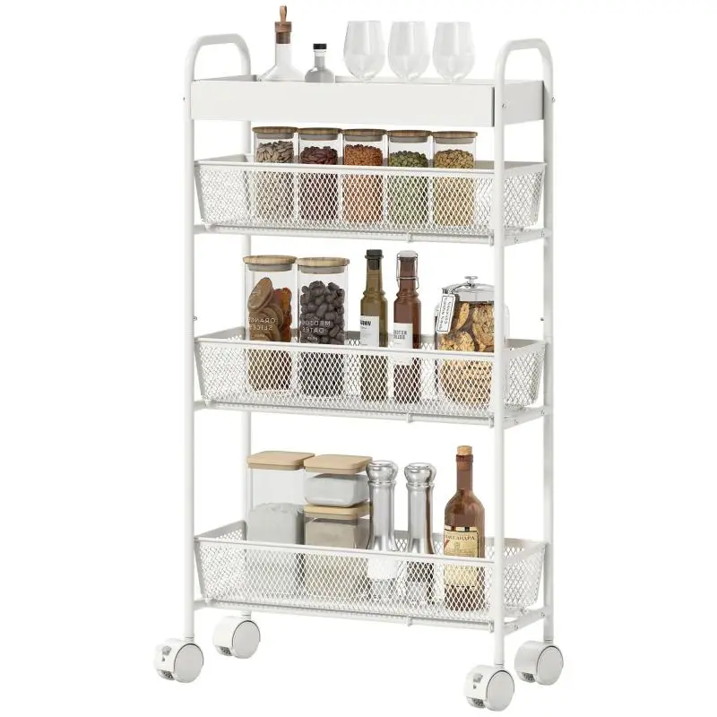 Metal Kitchen Trolley with 3 Baskets, White