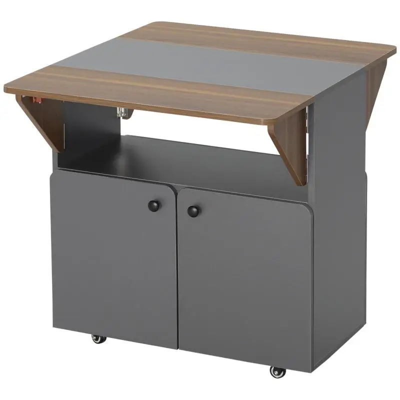 Rolling Drop-Leaf Table with Storage, Light Grey
