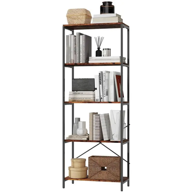 5-Tier Metal Bookshelf, Rustic Brown