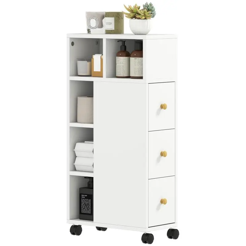 Narrow Bathroom Cabinet With 3 Drawers, White