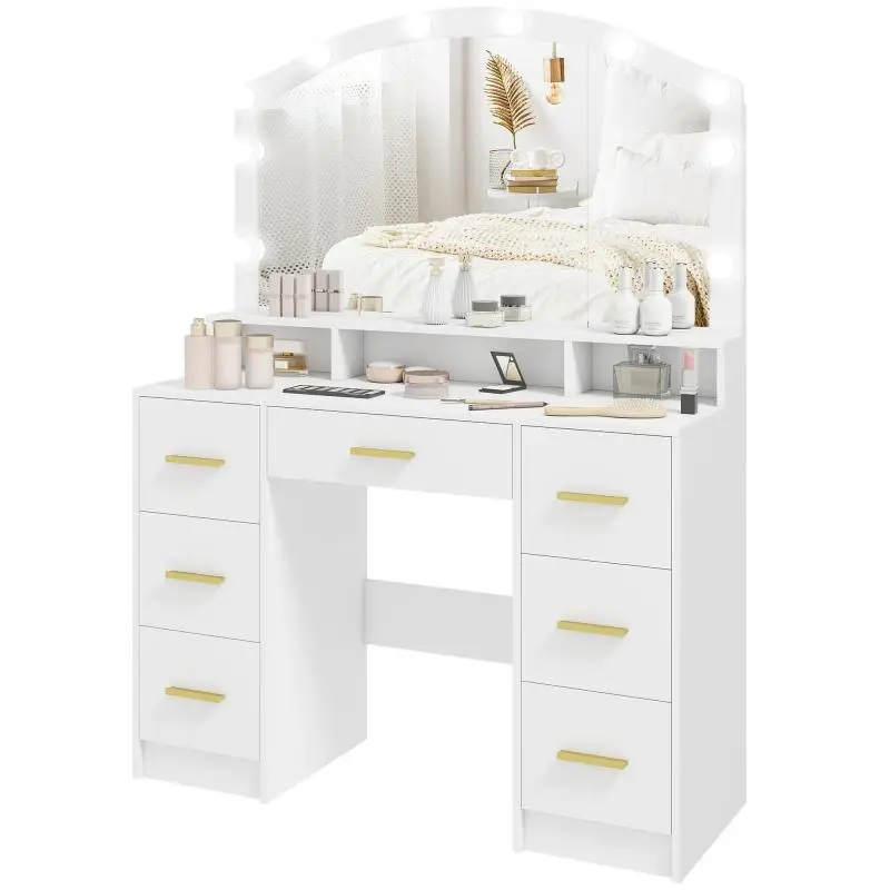 Dressing Table with 10 LED Lights and 7 Drawers