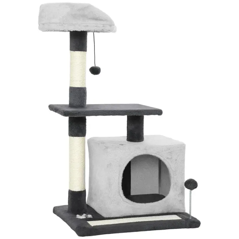 85 cm Cat Scratching Tree with Platforms, Cave, Scratching Posts, Sisal Mat, and Balls – Light Gray and Black