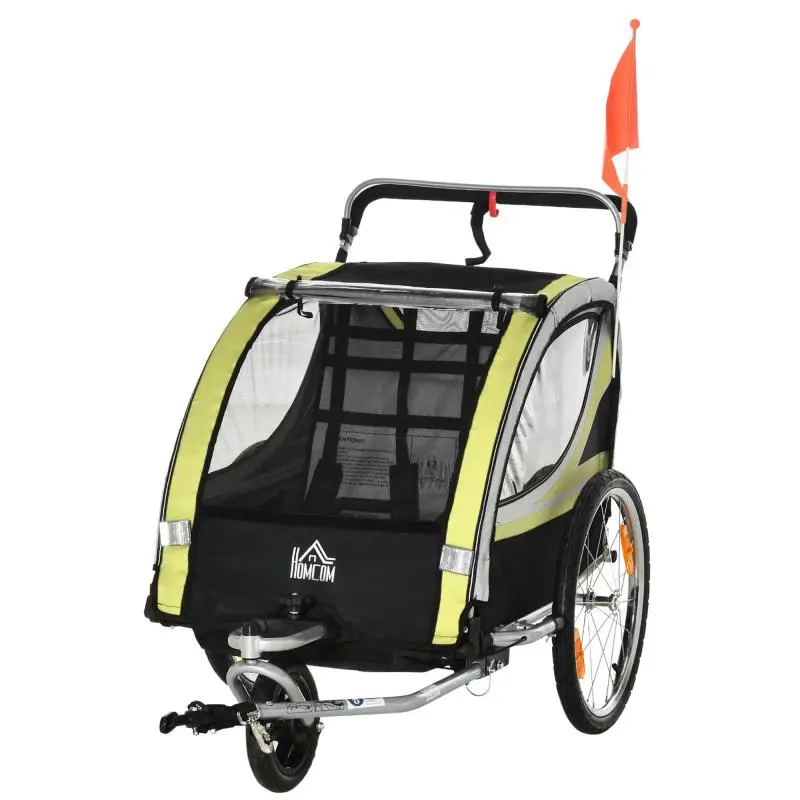 2-in-1 bicycle trailer for 2 children, push function, rain cover, brake, yellow