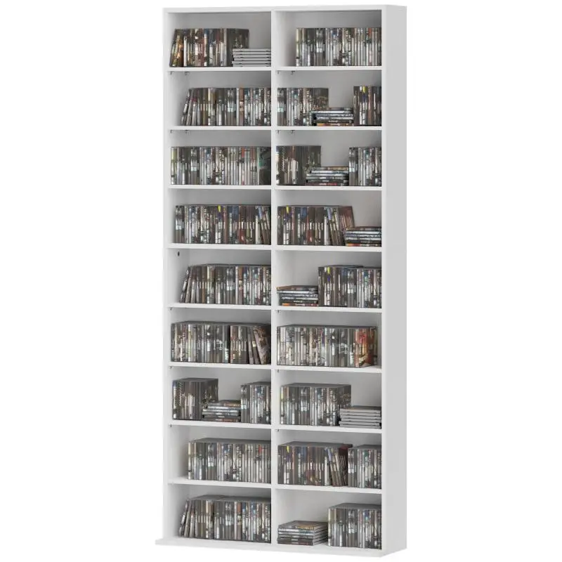 CD and DVD storage unit with 18 compartments, maximum capacity 640 CDs/360 DVDs/430 Blu-rays, 78.5 x 24 x 175 cm, white