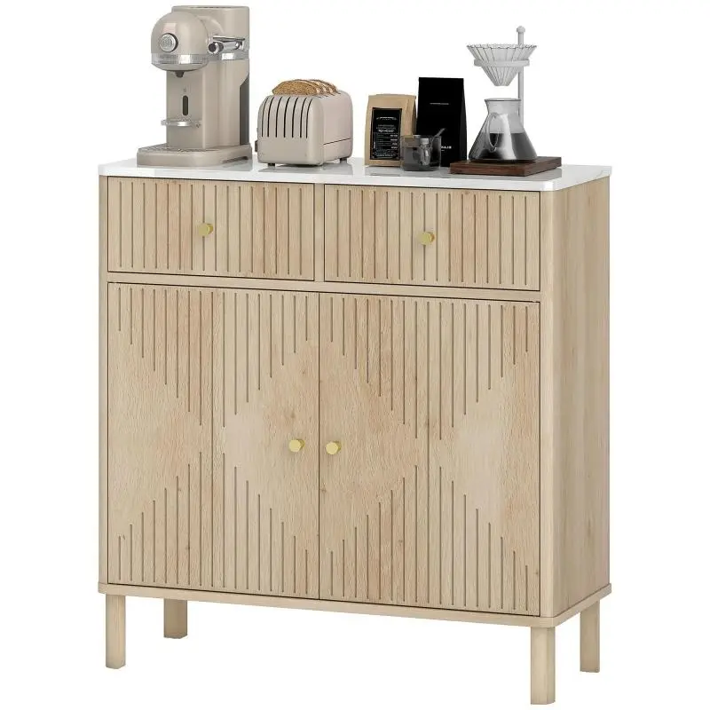 Sideboard with Marble-Effect Top, 77 x 30 x 80 cm, Oak