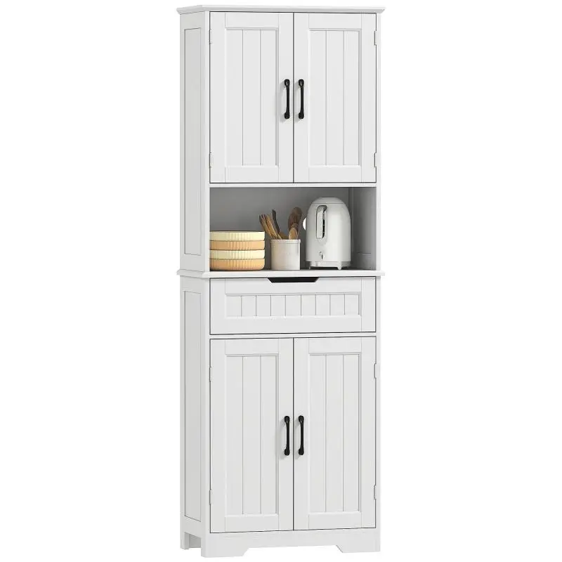 Kitchen sideboard, kitchen cabinet with 4 doors, drawer, open compartment and adjustable shelves, 60x30x172cm, white