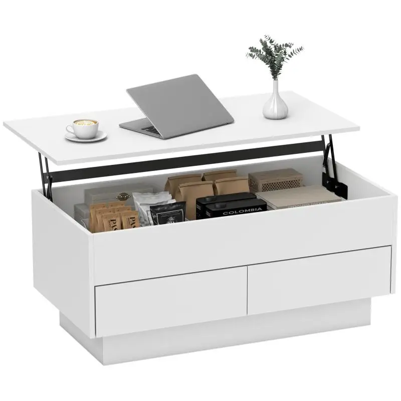 Lift-top coffee table, living room table with hidden compartment and 2 drawers, 100 x 50 x 44 cm, white