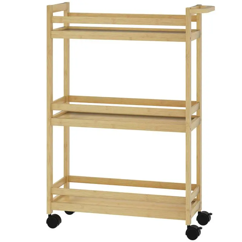 3-Tier Bamboo Storage Shelf with Wheels, Natural