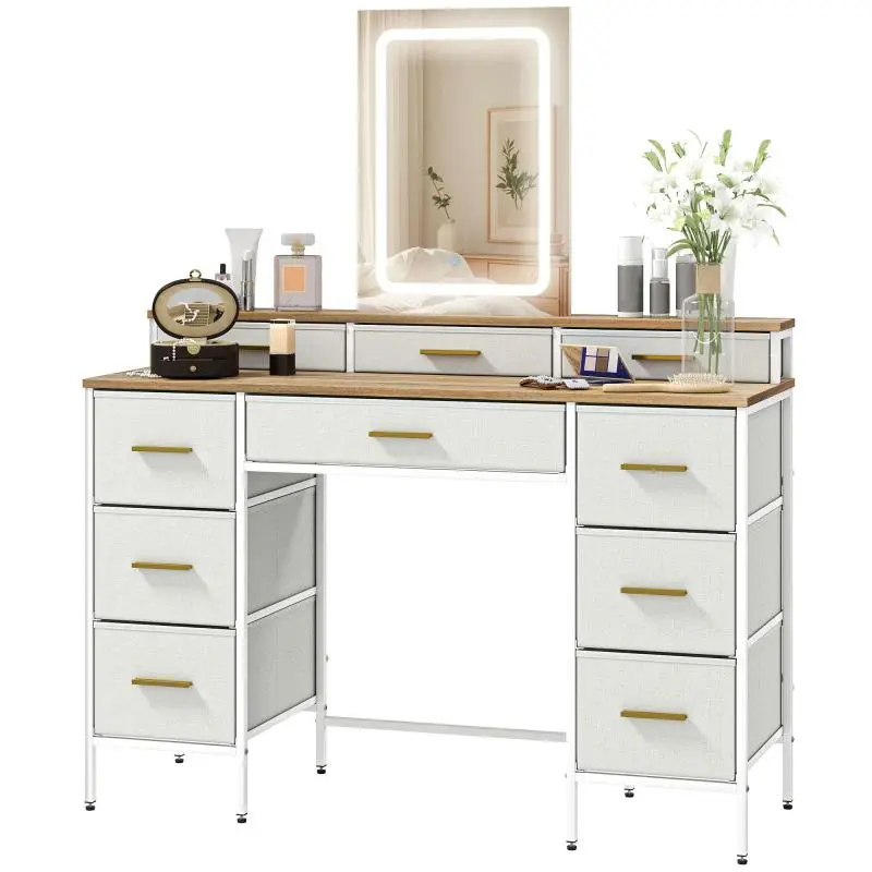 Dressing Table with Mirror and 10 Fabric Drawers
