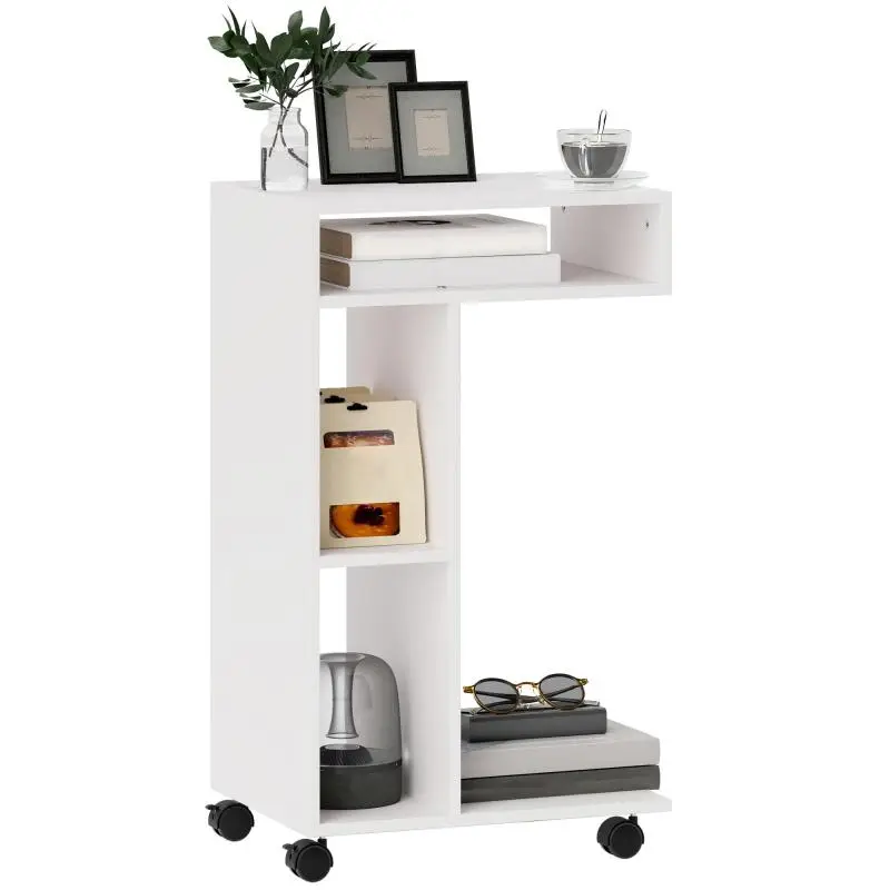 C-Shaped Side Table with Castors, 40 × 30 × 69 cm, White