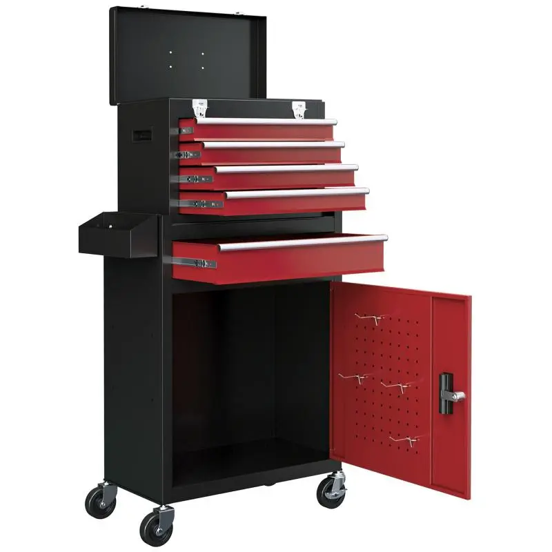 Lockable Tool Cabinet on Wheels with 5 Drawers, Red