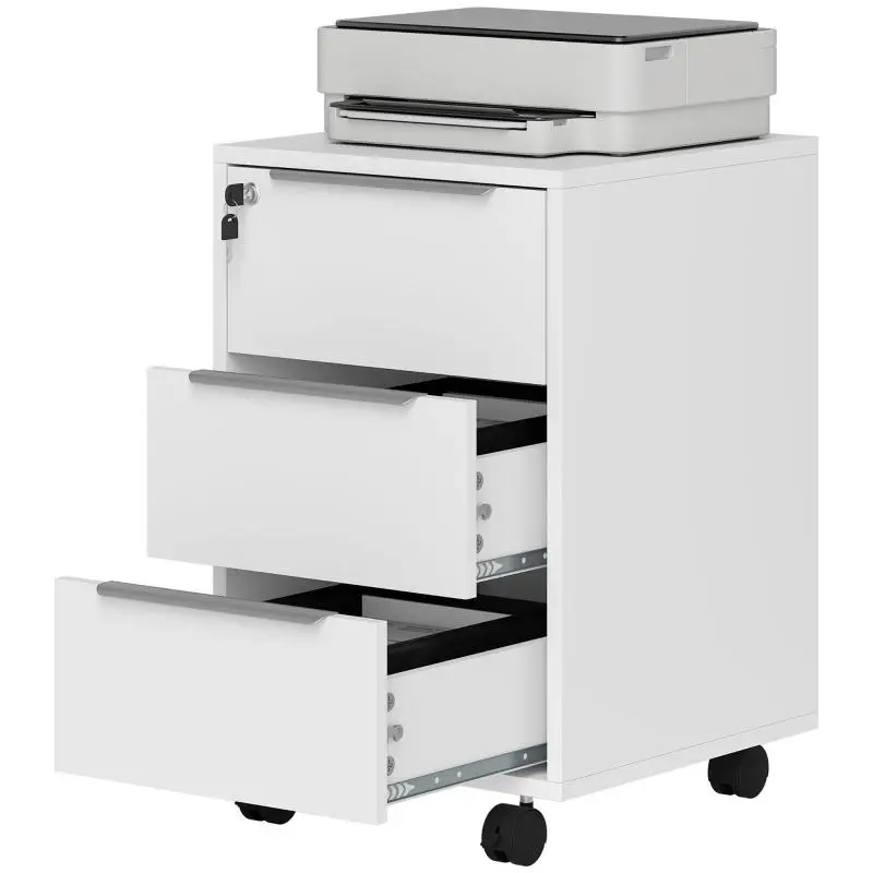 Office Filing Cabinet on Casters with 3 Drawers and Lock for Files, 40 x 40 x 63.5 cm, White