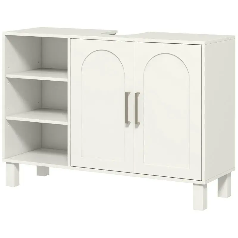 Bathroom vanity unit with two-tier cabinet and adjustable shelves, 90W x 30D x 63H cm, cream