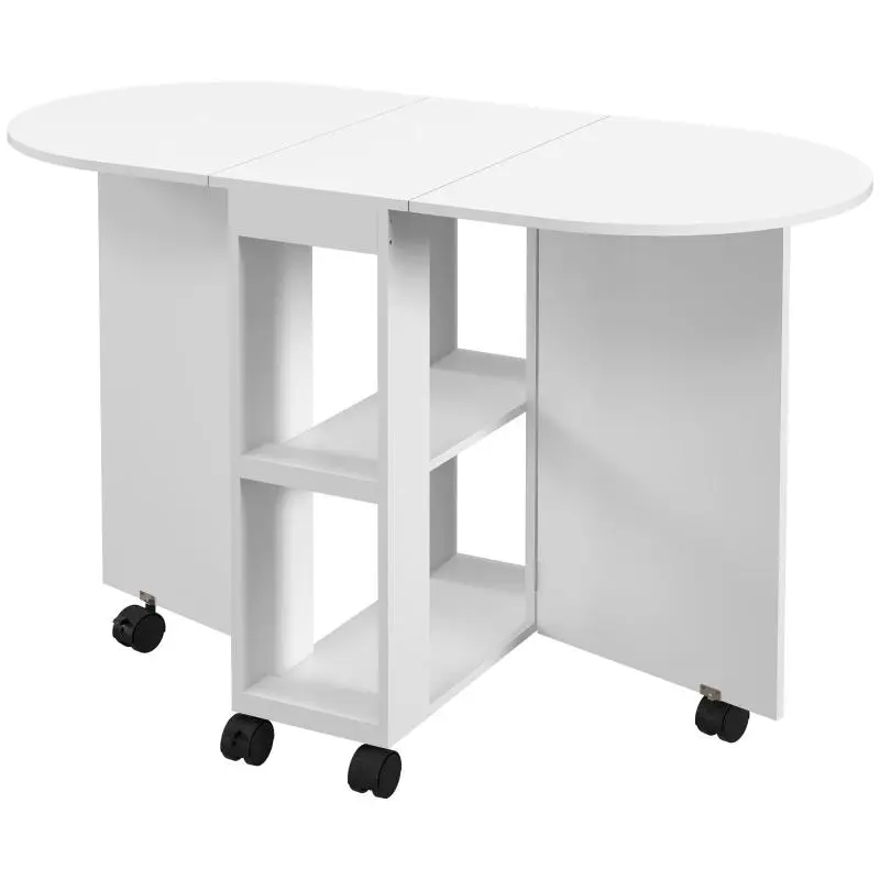 Folding Dining Table with Wheels and 2 Shelves