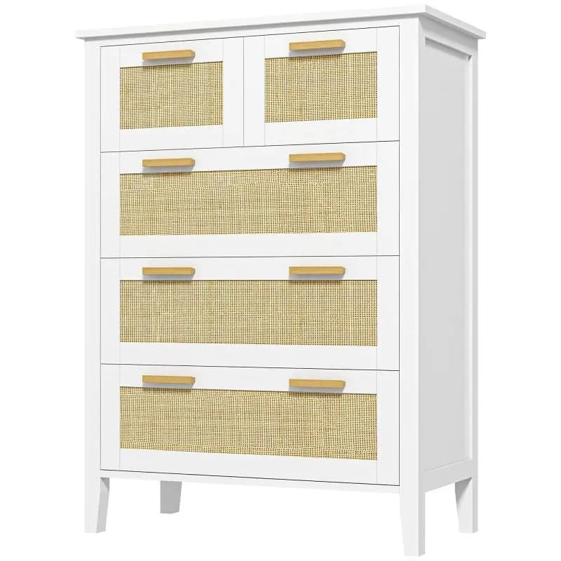 5-drawer chest with solid wood handles and metal runners, suitable for office, living room, or bedroom, 77 x 37 x 104 cm, white