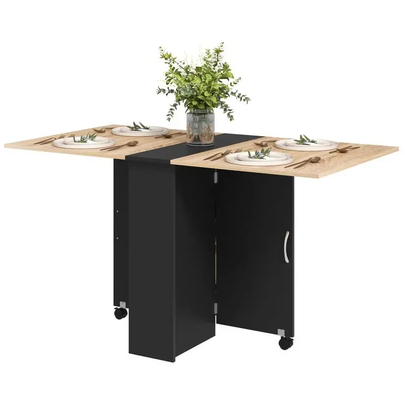 Folding Kitchen and Dining Table on Castors, Oak and Black