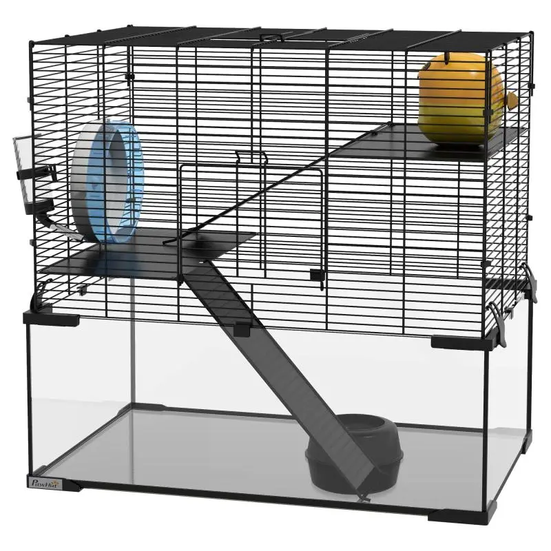 3-level hamster cage/rodent cage with wheels, ramps, small house, water bottle, and food bowl, 60L x 40W x 54.5H cm, black