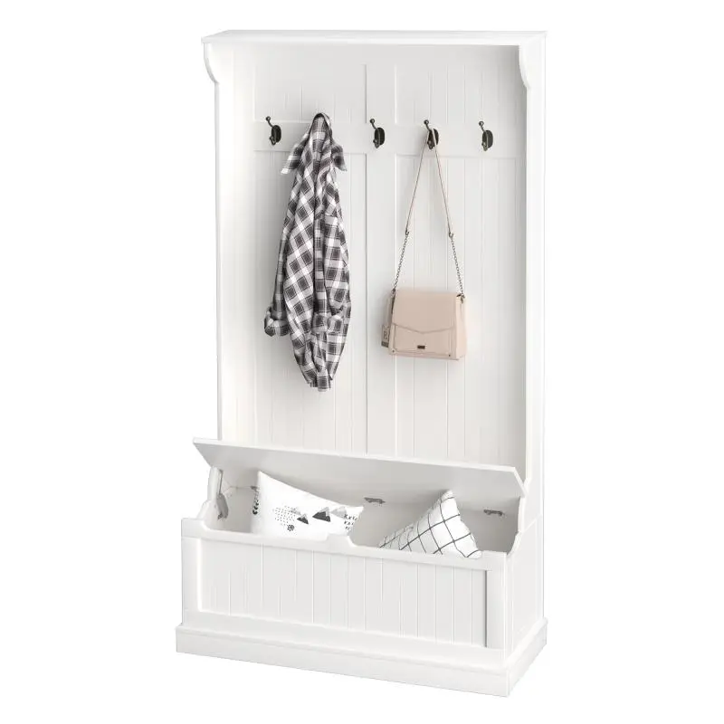 3-in-1 Entryway Unit with Coat Rack and Bench, Cream
