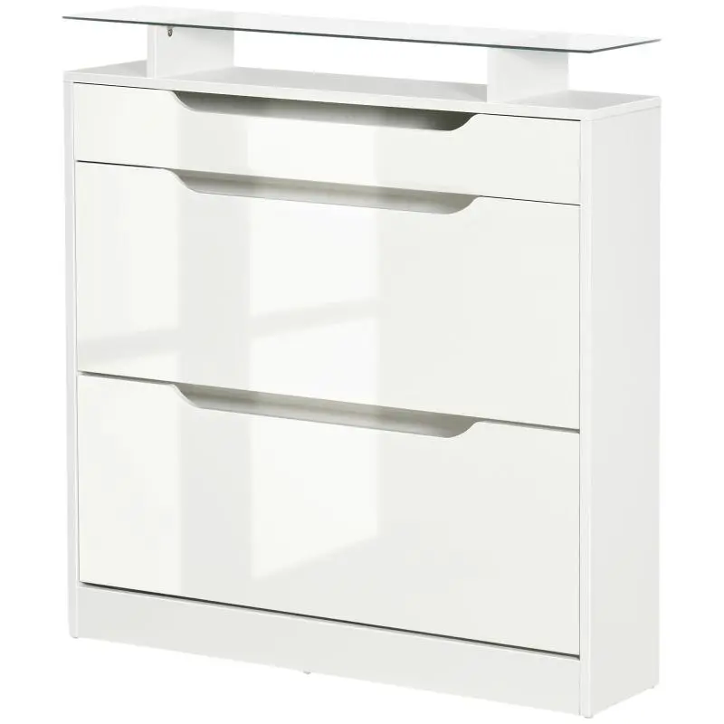 Shoe Cabinet with 2 Drop-Down Drawers and Glass Shelf